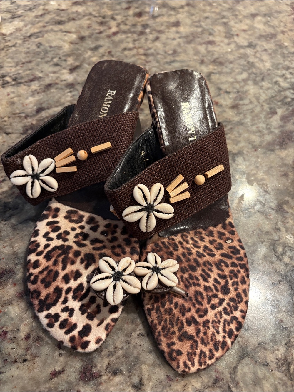 Ramon Tenza Brown Leopard Slide Sandals with Shell Embellishments